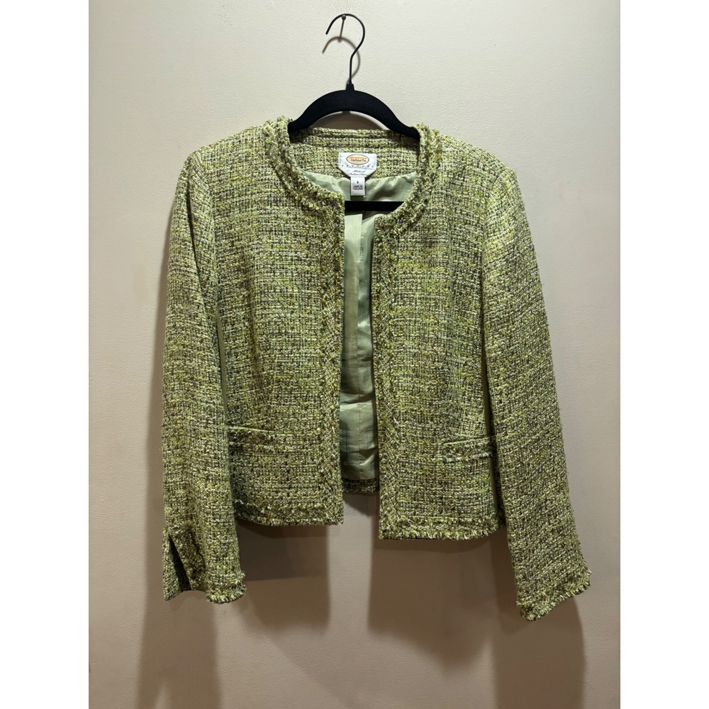 Talbots‎ Petites Green Tweed Italian Fabric Open Front Fringe Jacket Size 8P